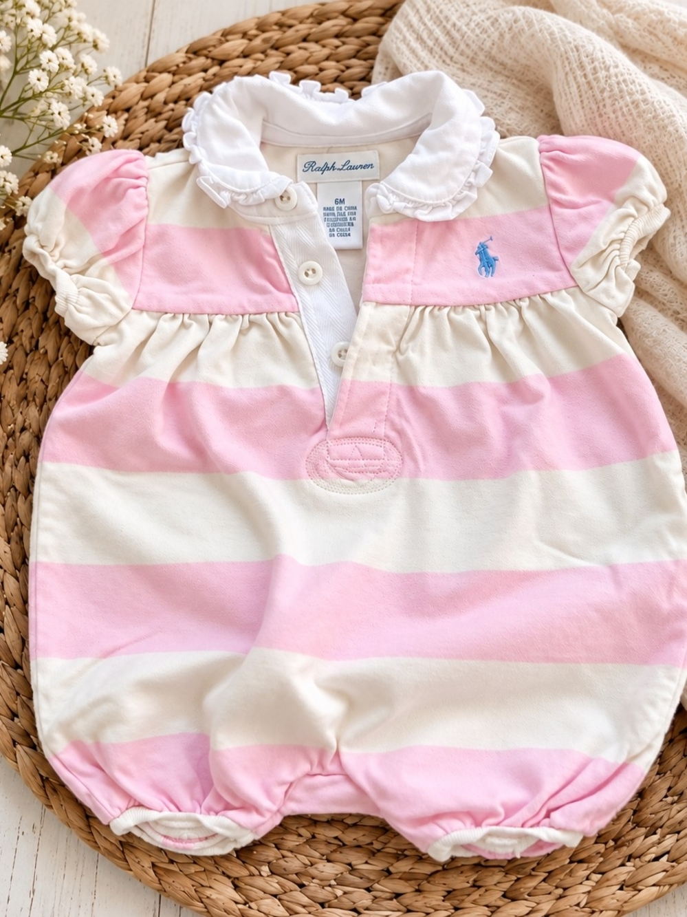 Ralph Lauren Baby Girls Pink & Cream Stripe One-Piece